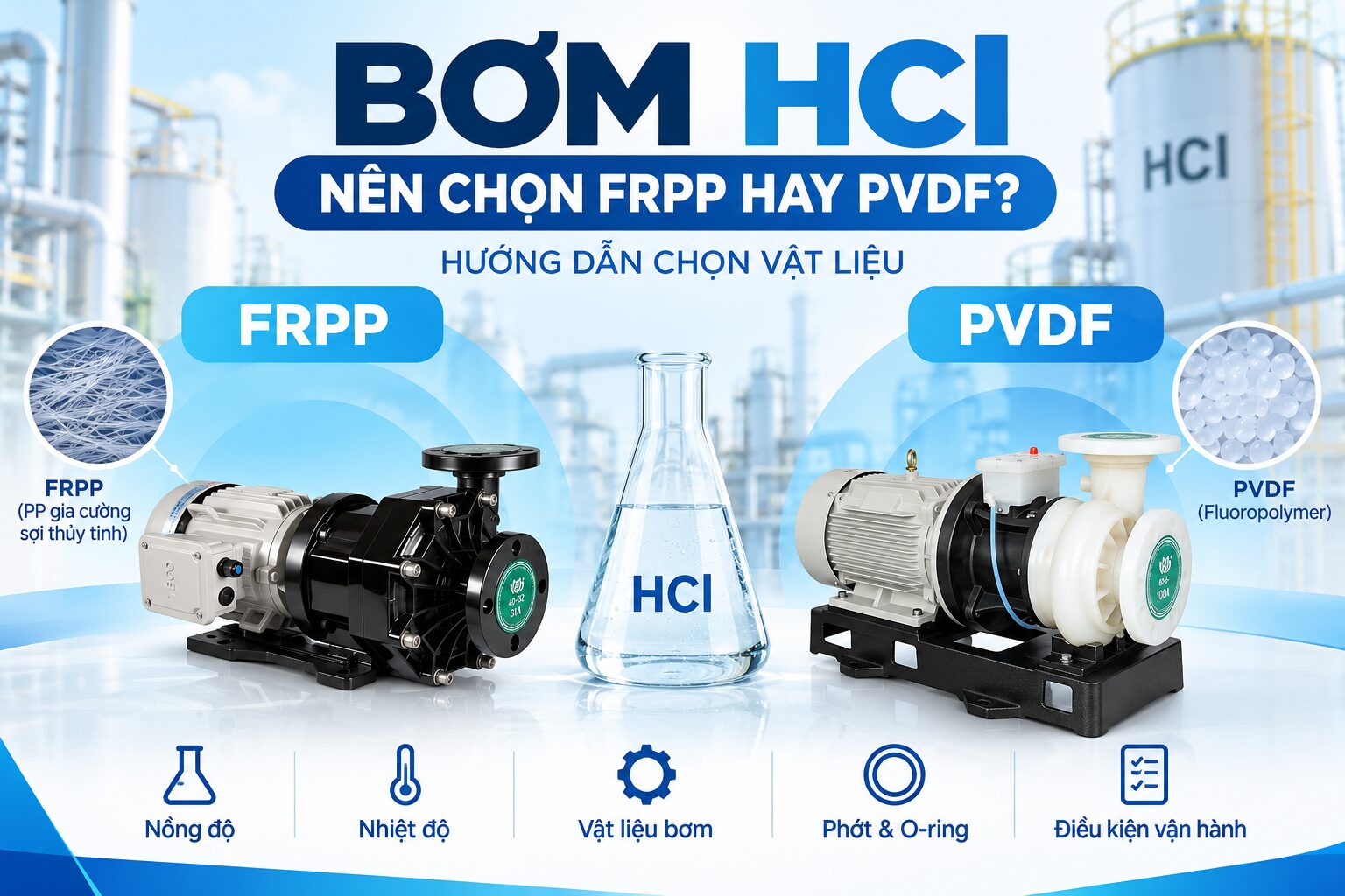Bơm HCl Nên Chọn FRPP Hay PVDF? Hướng Dẫn Vật Liệu 19 bom hcl cho frpp hay pvdf